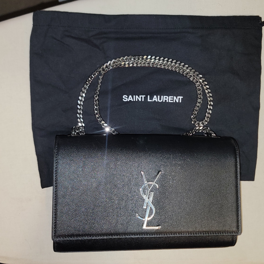 Saint Laurent Black Leather Shoulder Bag with Silver Chain